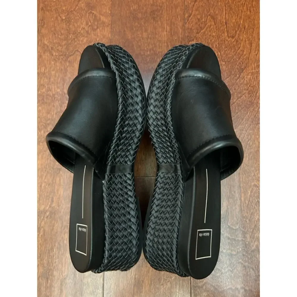 Dolce Vita Wimsyn Black Leather Platform Slide with Woven Platform, Size 8.5